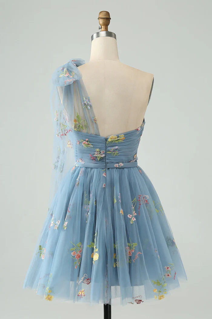 Weitese Dress Grey Blue A Line One Shoulder Tulle Short Homecoming Dress Sleeveless Floral Embroidery Party Dress